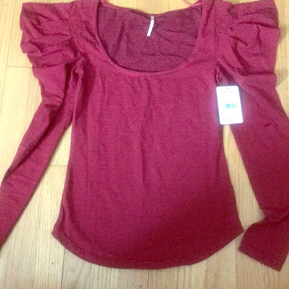 Free People Long Sleeves Blue & Red Striped Shirt